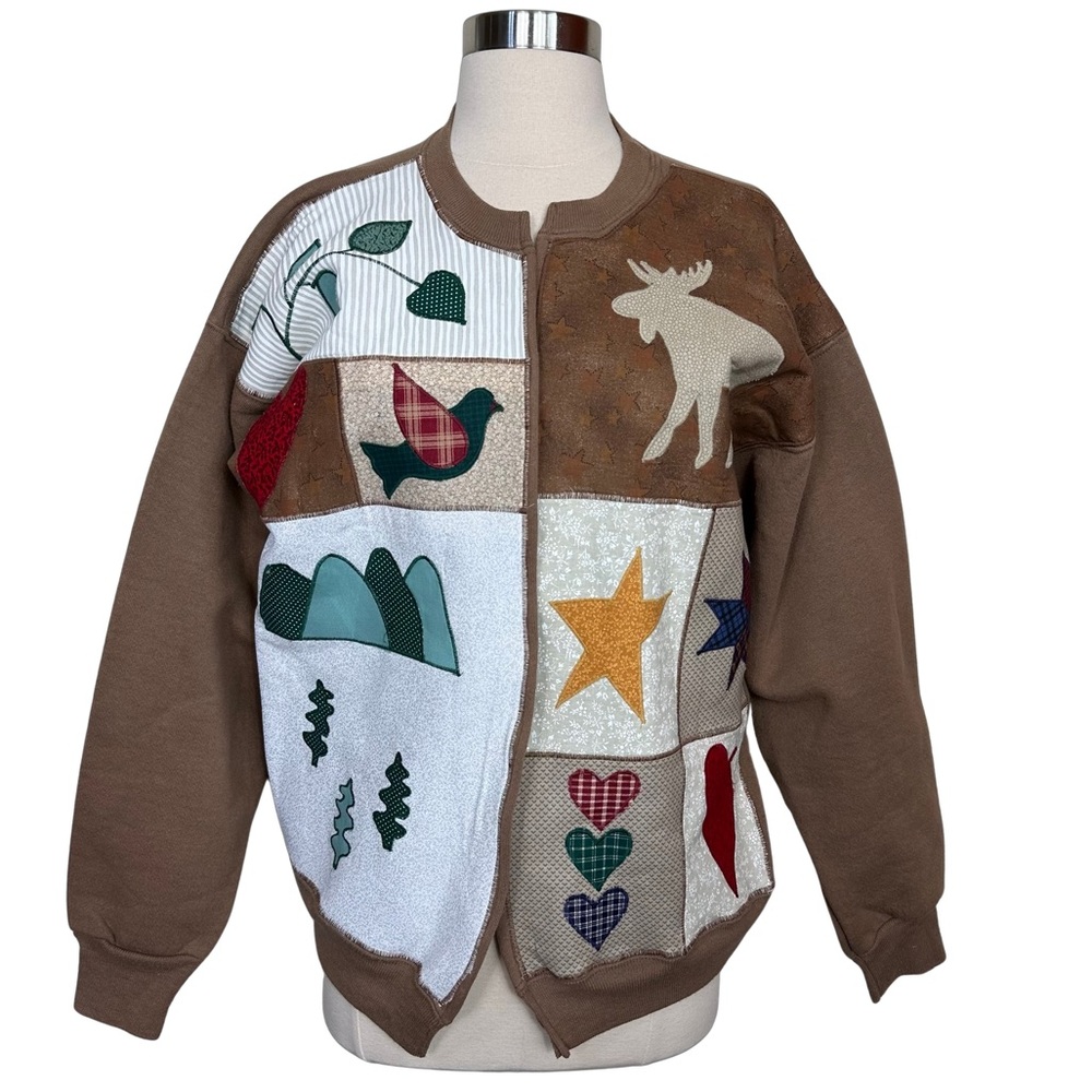 Vintage Hand Quilted Tan Cotton Hanes Wearable Art Open Cardigan Sweater Large